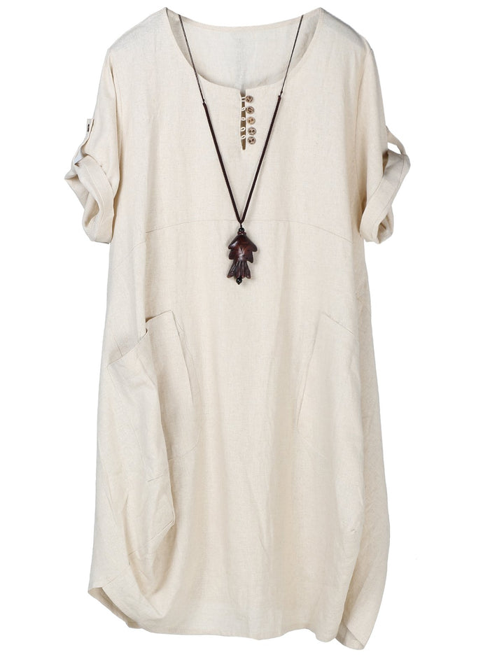 Wisteria Vestito Tunica Donna – Lino Cotone, Maniche Corte & Tasche Boho Oversize