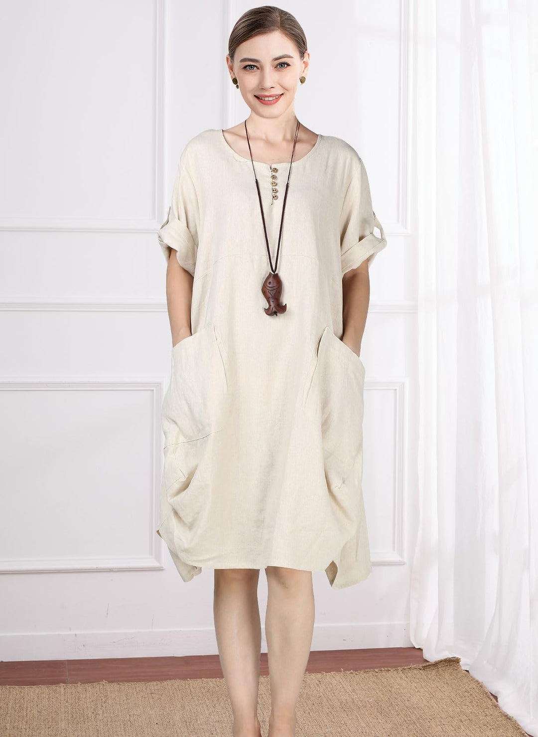 Wisteria Vestito Tunica Donna – Lino Cotone, Maniche Corte & Tasche Boho Oversize