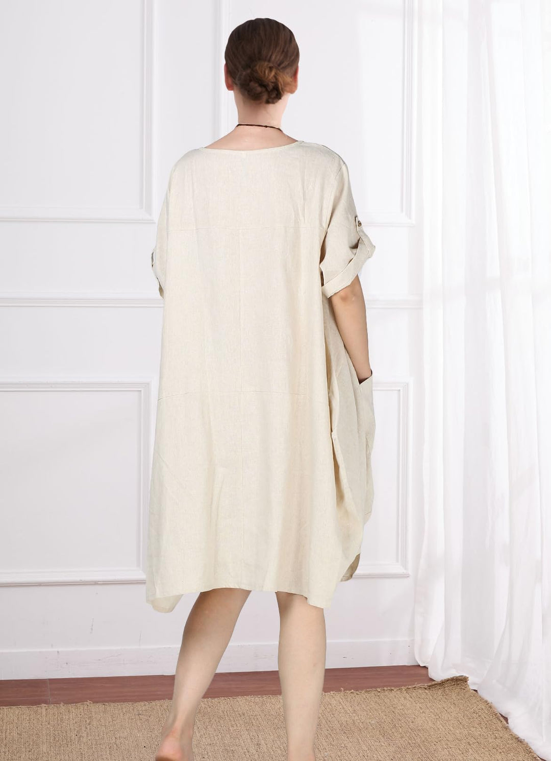 Wisteria Vestito Tunica Donna – Lino Cotone, Maniche Corte & Tasche Boho Oversize