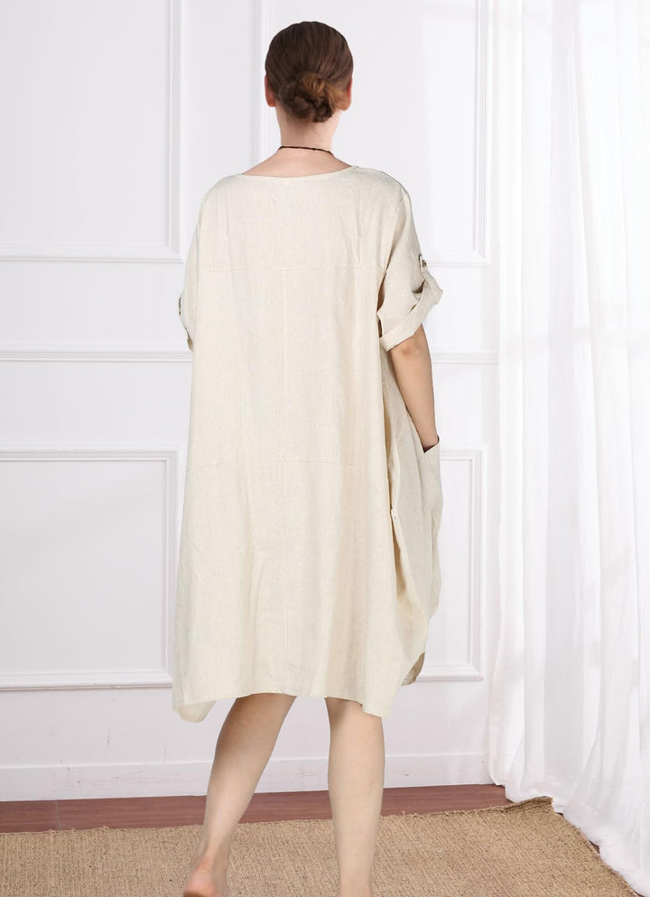 Wisteria Vestito Tunica Donna – Lino Cotone, Maniche Corte & Tasche Boho Oversize