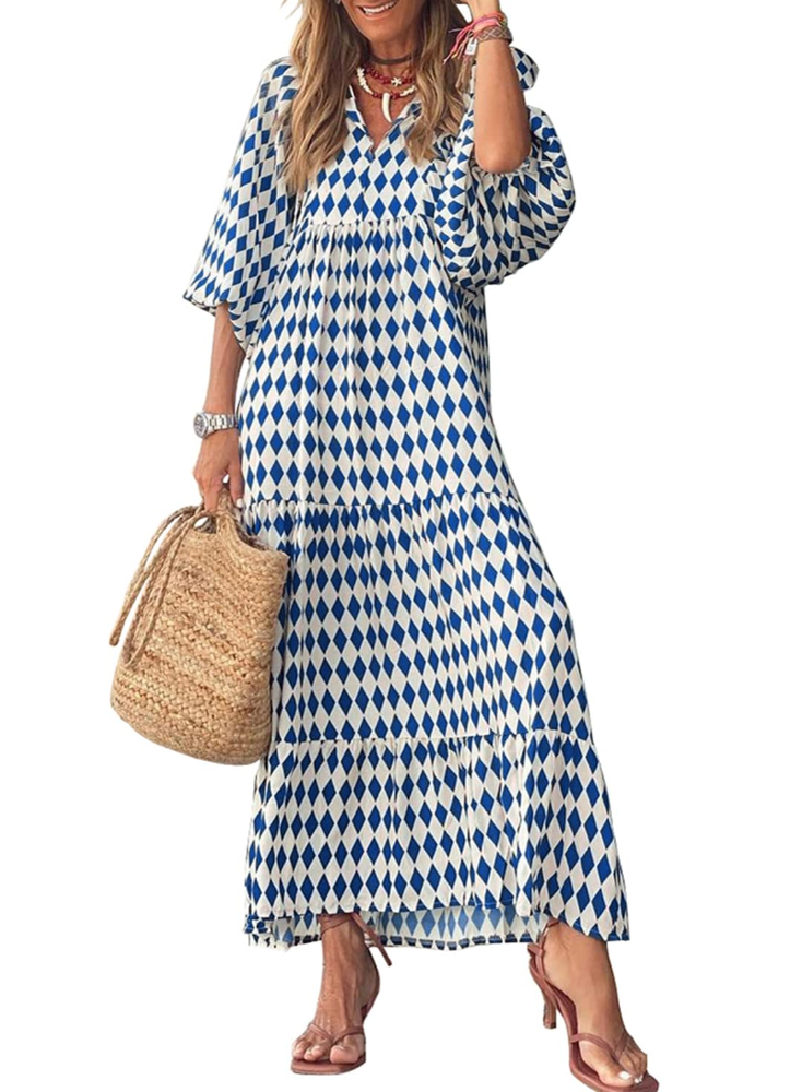 Bianca Vestito Maxi Boho Dámské – Výstřih do V, 3/4 Rukávy a Plynulý Geometrický Vzor