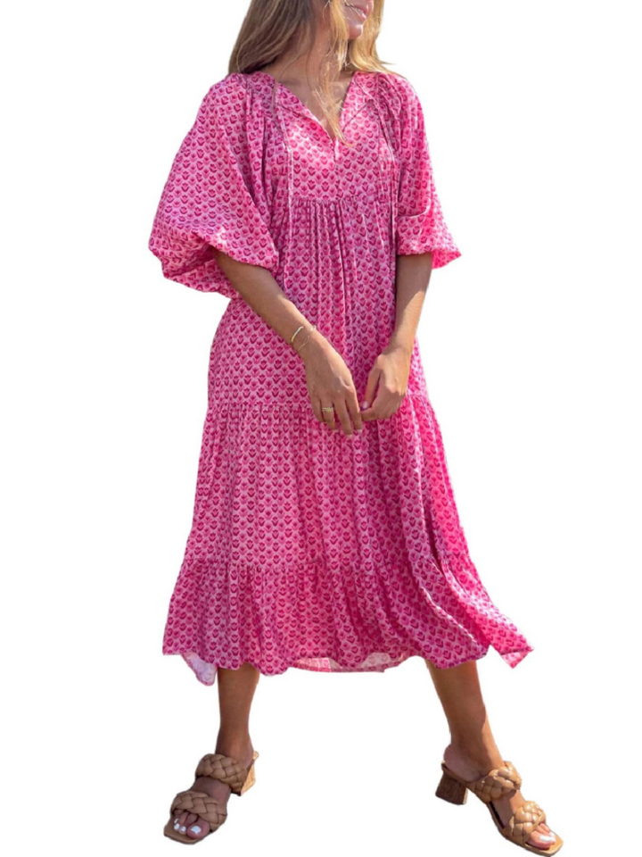 Bianca Vestito Maxi Boho Dámské – Výstřih do V, 3/4 Rukávy a Plynulý Geometrický Vzor