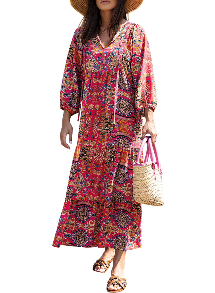 Bianca Vestito Maxi Boho Dámské – Výstřih do V, 3/4 Rukávy a Plynulý Geometrický Vzor