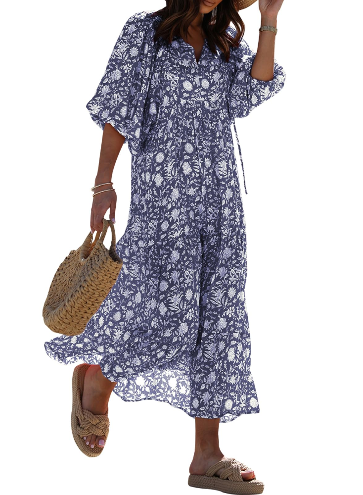 Bianca Vestito Maxi Boho Dámské – Výstřih do V, 3/4 Rukávy a Plynulý Geometrický Vzor