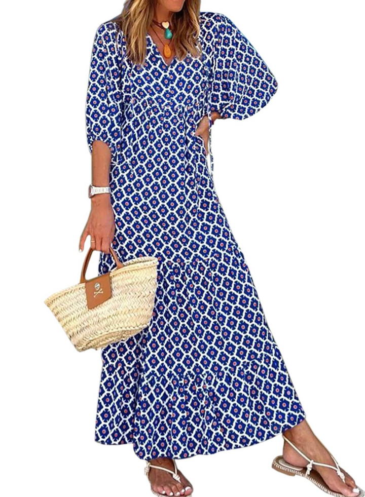 Bianca Vestito Maxi Boho Dámské – Výstřih do V, 3/4 Rukávy a Plynulý Geometrický Vzor