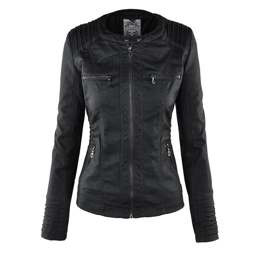 Lässige Lederjacke mit Kapuze und Reißverschluss für Damen | Lange Ärmel