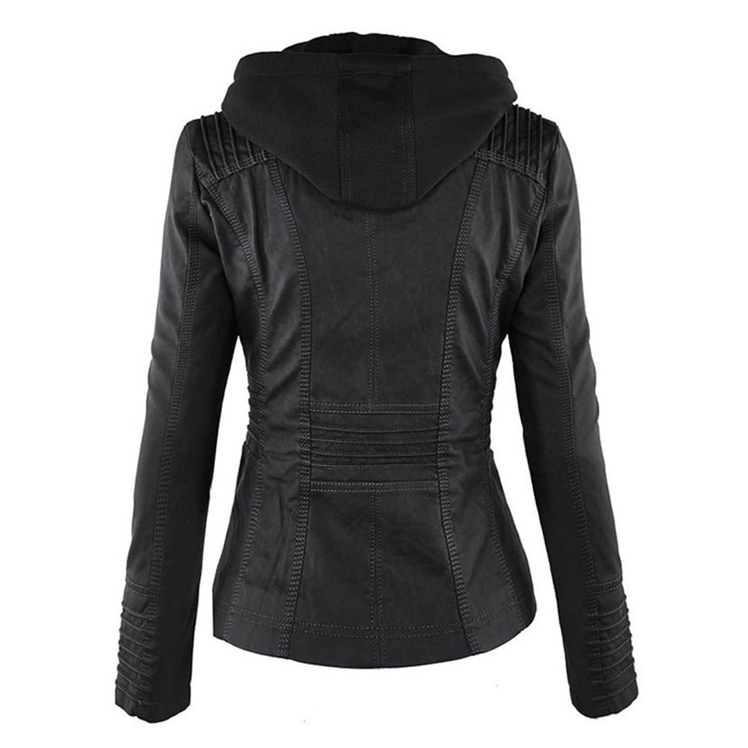 Lässige Lederjacke mit Kapuze und Reißverschluss für Damen | Lange Ärmel