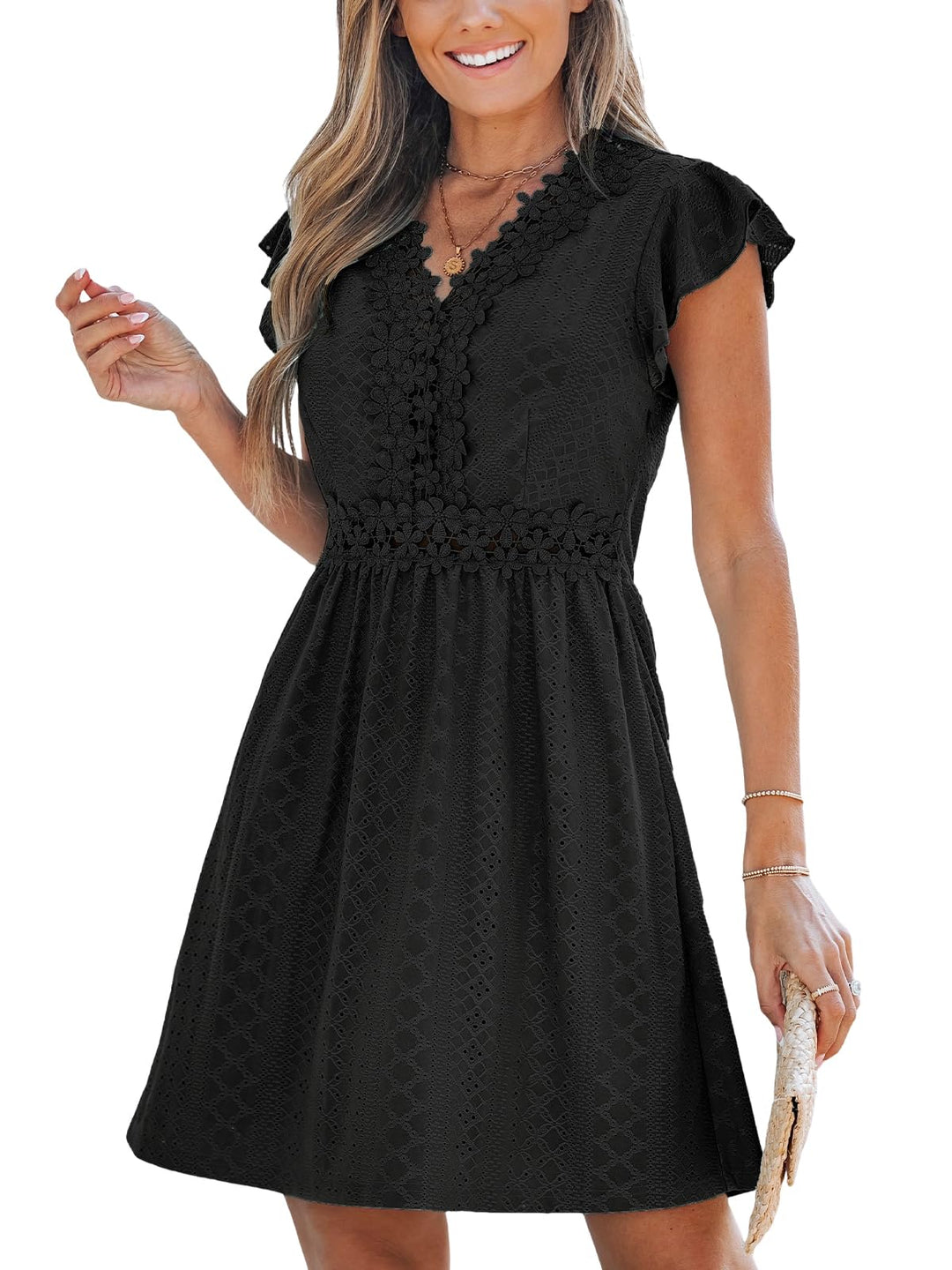 Aria Vestito Donna in Pizzo – Scollo a V, Maniche Flutter & Mini Elegante Estivo