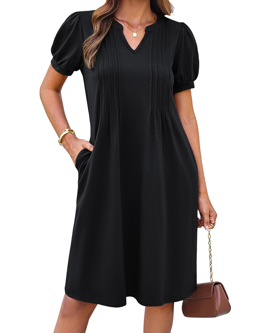 Giada Vestito Midi Donna – Scollo Henley a V, Maniche Corte & A-Line con Tasche