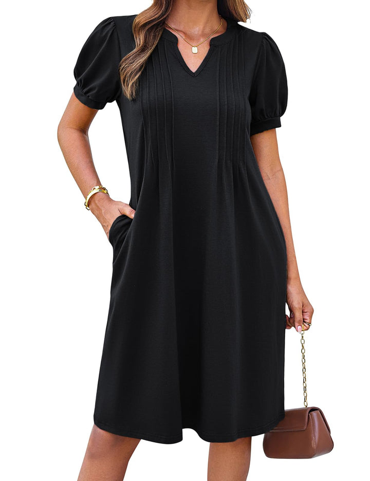 Giada Vestito Midi Donna – Scollo Henley a V, Maniche Corte & A-Line con Tasche