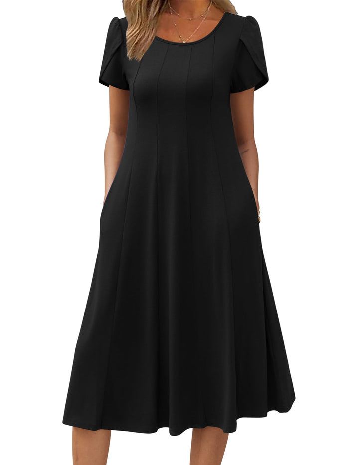 Belle robe midi femme – col rond, manches bouffantes et poches, ligne A élégante