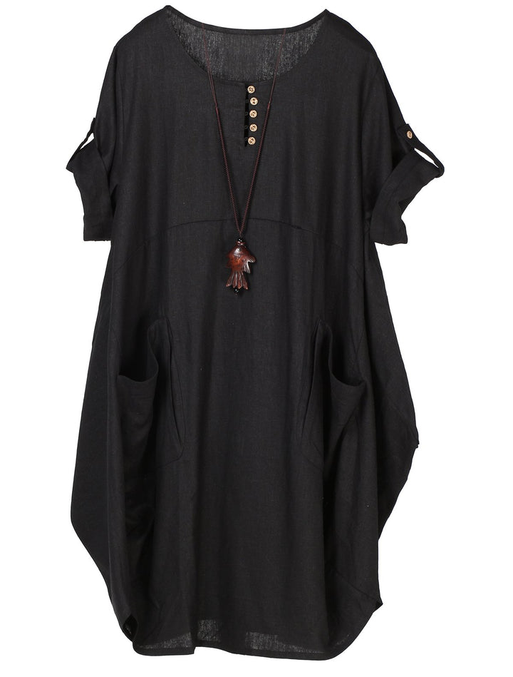 Wisteria Vestito Tunica Donna – Lino Cotone, Maniche Corte & Tasche Boho Oversize