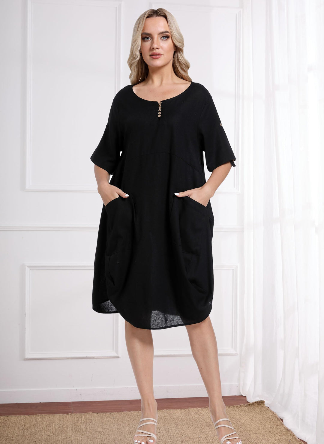 Wisteria Vestito Tunica Donna – Lino Cotone, Maniche Corte & Tasche Boho Oversize