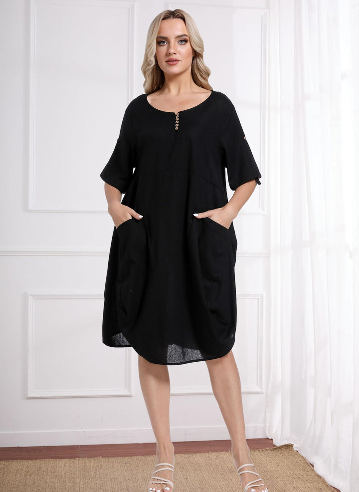 Wisteria Vestito Tunica Donna – Lino Cotone, Maniche Corte & Tasche Boho Oversize