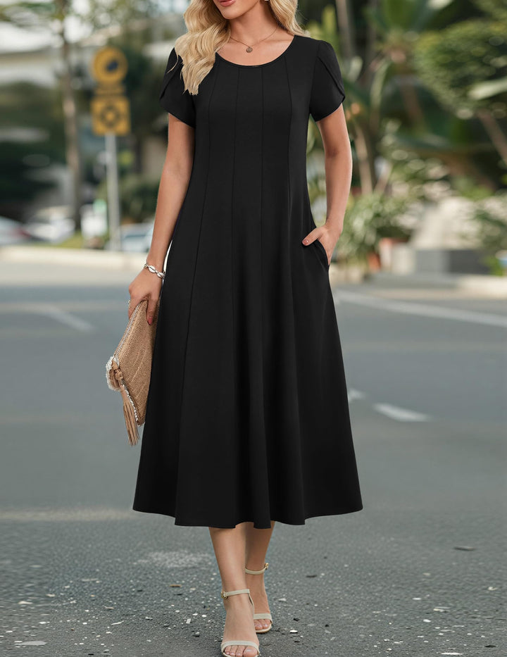 Belle robe midi femme – col rond, manches bouffantes et poches, ligne A élégante