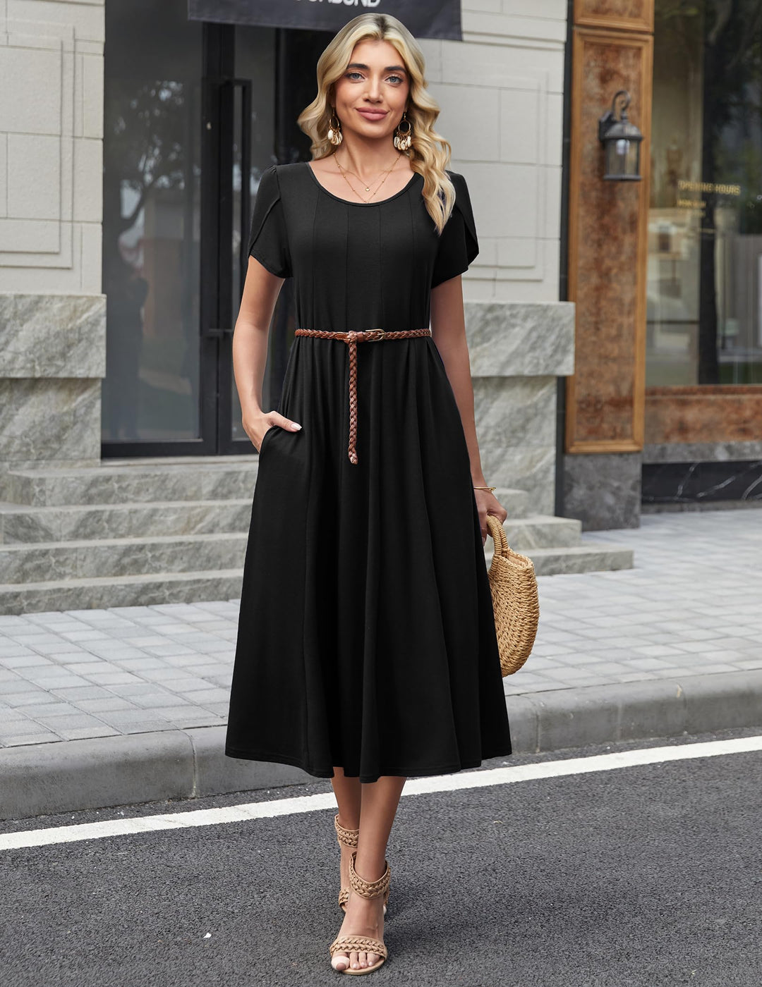 Belle robe midi femme – col rond, manches bouffantes et poches, ligne A élégante