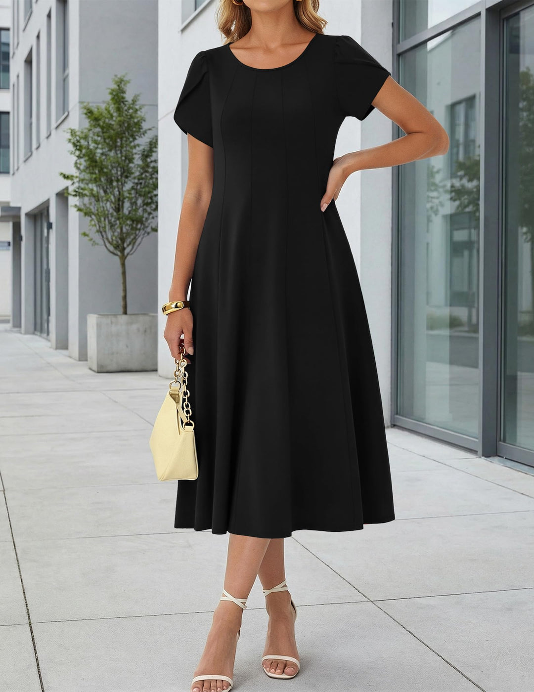 Belle robe midi femme – col rond, manches bouffantes et poches, ligne A élégante