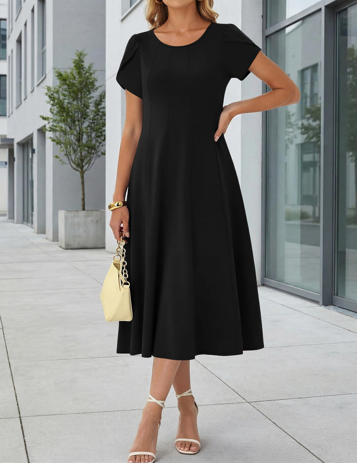 Belle robe midi femme – col rond, manches bouffantes et poches, ligne A élégante