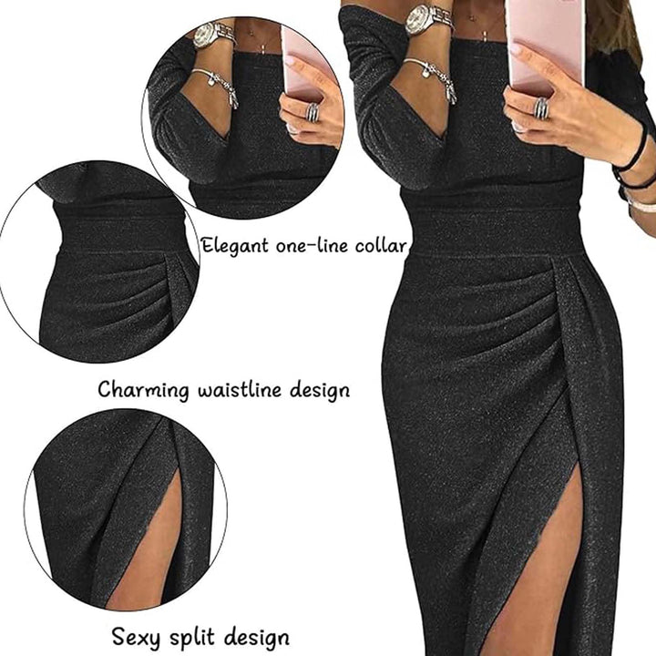 Billie Abito Elegante Donna – Monospalla Glitter, Spacco & Design Incrociato Slim Fit