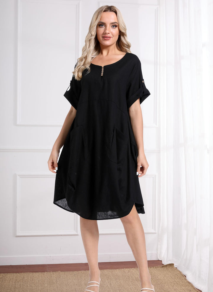 Wisteria Vestito Tunica Donna – Lino Cotone, Maniche Corte & Tasche Boho Oversize