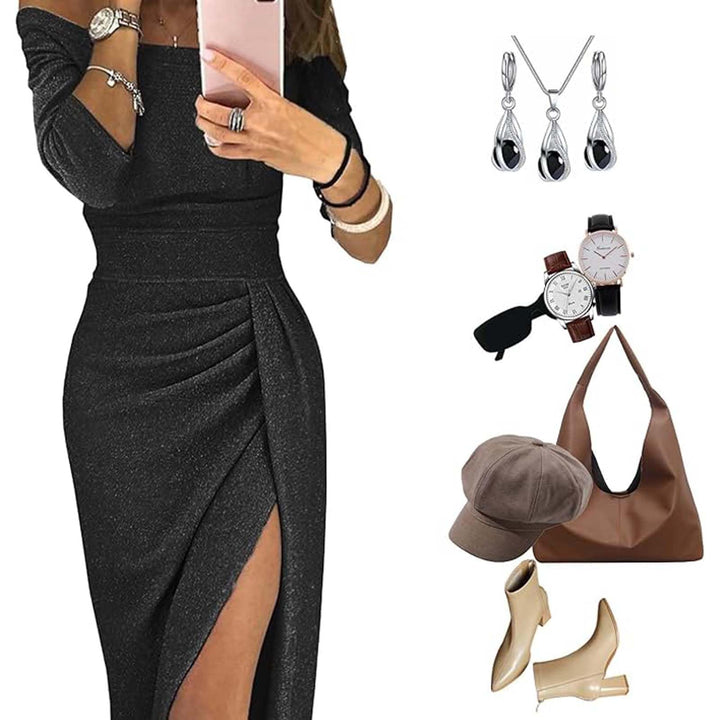 Billie Abito Elegante Donna – Monospalla Glitter, Spacco & Design Incrociato Slim Fit