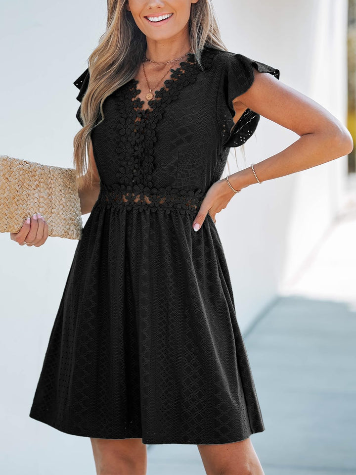 Aria Vestito Donna in Pizzo – Scollo a V, Maniche Flutter & Mini Elegante Estivo