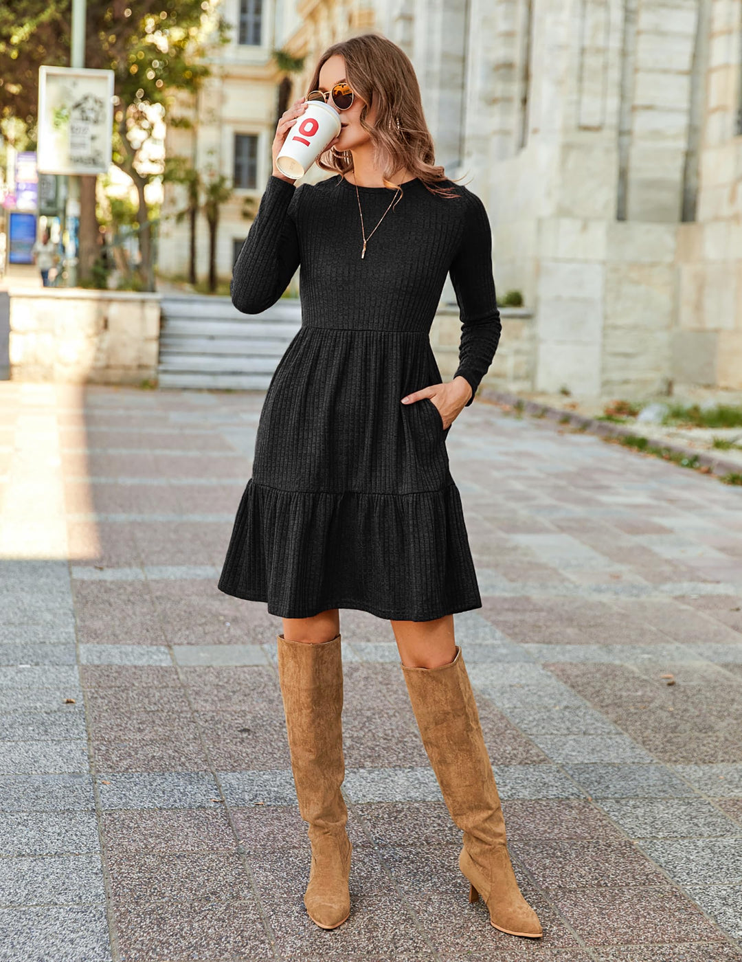 Lakelyn Vestito Donna Autunno – Maniche Lunghe, Collo Tondo & Tasche con Linea A Elegante