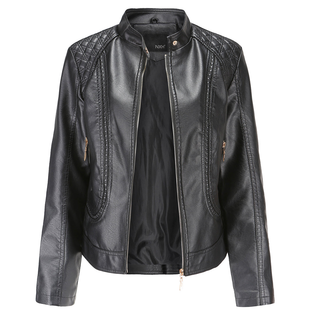Carla Giacca Biker Donna Cropped – Bunda z ekologické kůže s vysokým límcem a prošívanými detaily
