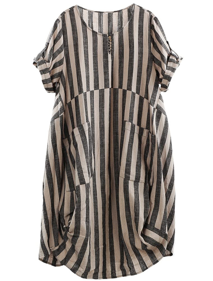 Wisteria Vestito Tunica Donna – Lino Cotone, Maniche Corte & Tasche Boho Oversize
