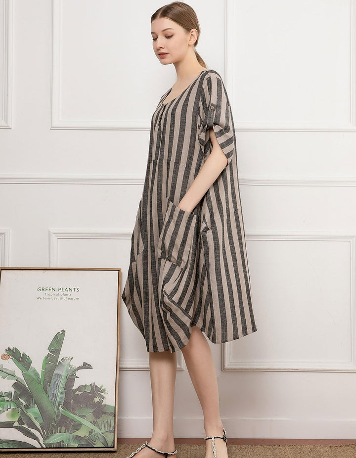Wisteria Vestito Tunica Donna – Lino Cotone, Maniche Corte & Tasche Boho Oversize