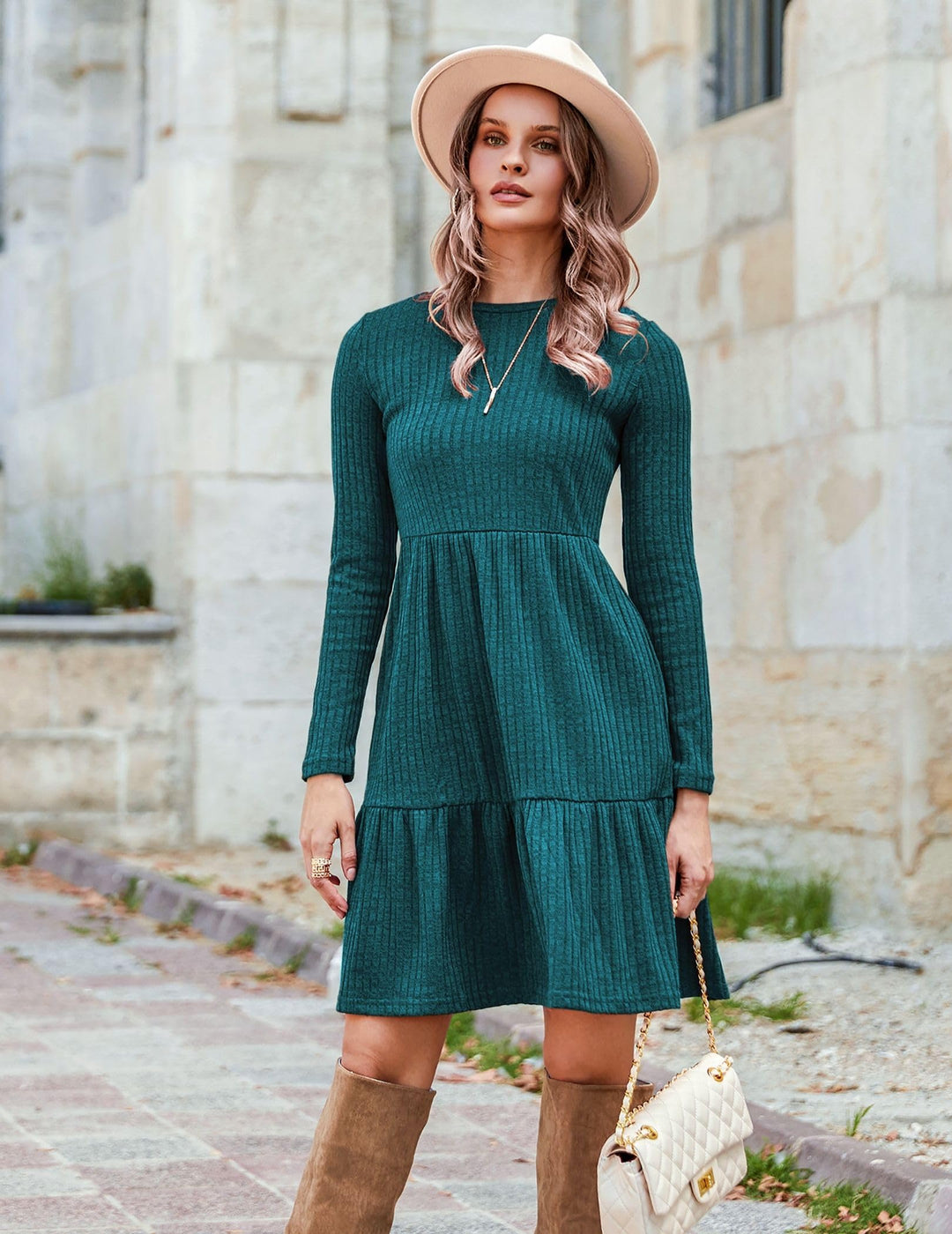 Lakelyn Vestito Donna Autunno – Maniche Lunghe, Collo Tondo & Tasche con Linea A Elegante