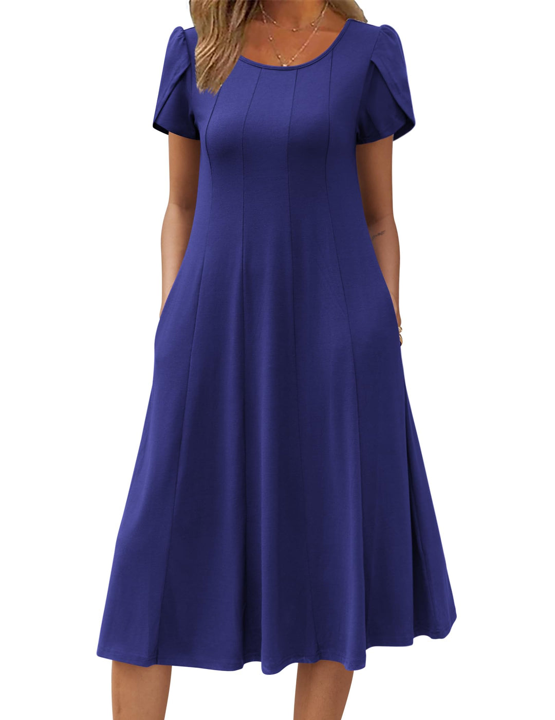 Belle robe midi femme – col rond, manches bouffantes et poches, ligne A élégante