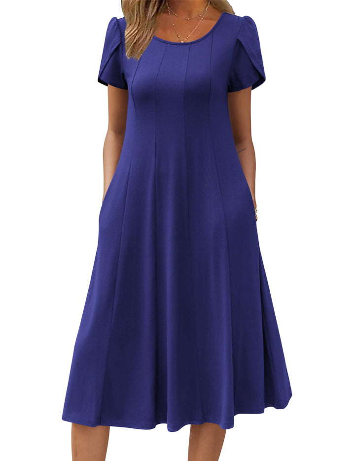 Belle robe midi femme – col rond, manches bouffantes et poches, ligne A élégante