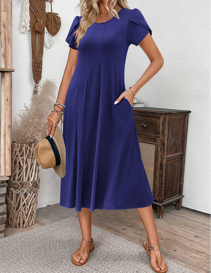 Belle robe midi femme – col rond, manches bouffantes et poches, ligne A élégante