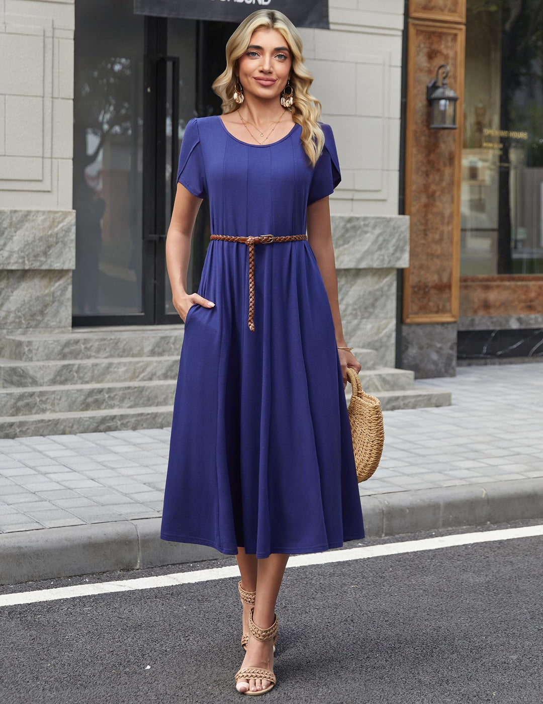 Belle robe midi femme – col rond, manches bouffantes et poches, ligne A élégante