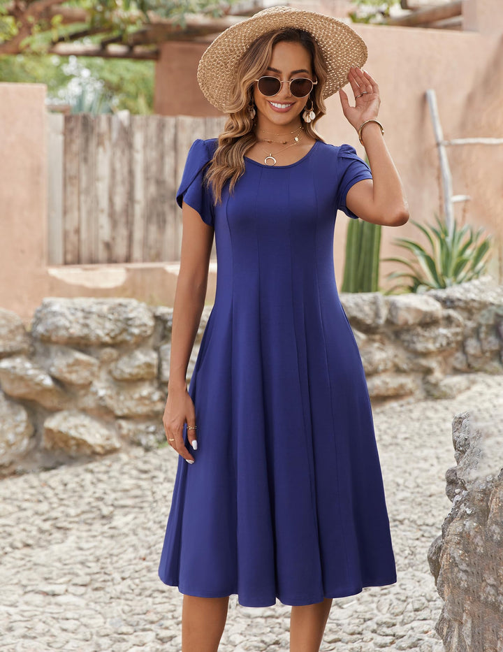 Belle robe midi femme – col rond, manches bouffantes et poches, ligne A élégante