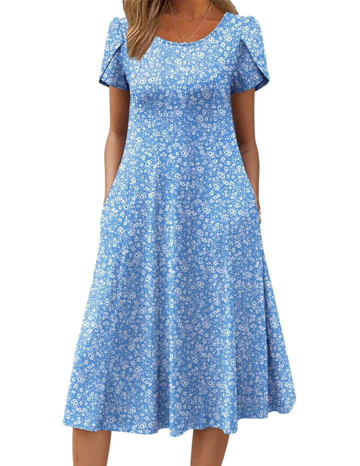 Belle robe midi femme – col rond, manches bouffantes et poches, ligne A élégante