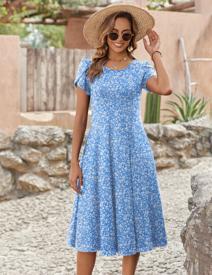 Belle robe midi femme – col rond, manches bouffantes et poches, ligne A élégante
