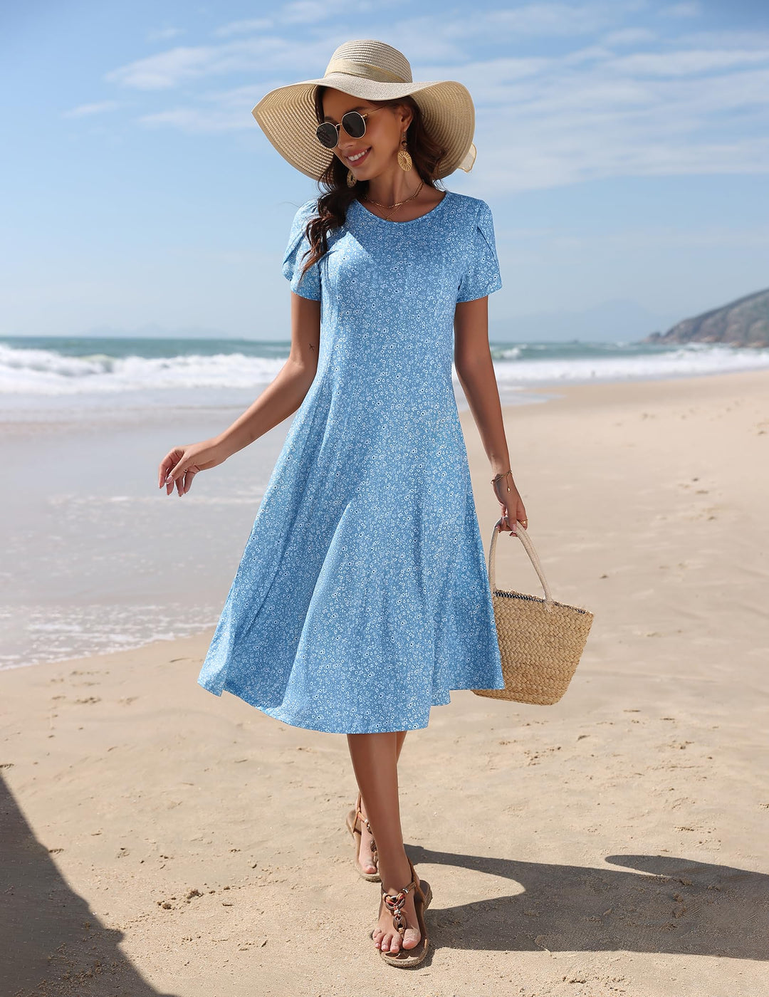 Belle robe midi femme – col rond, manches bouffantes et poches, ligne A élégante