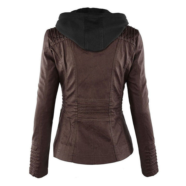 Lässige Lederjacke mit Kapuze und Reißverschluss für Damen | Lange Ärmel