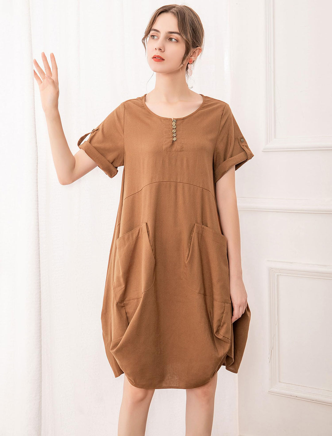 Wisteria Vestito Tunica Donna – Lino Cotone, Maniche Corte & Tasche Boho Oversize