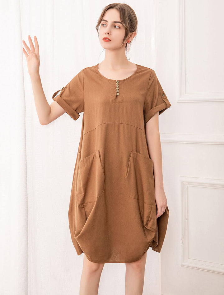 Wisteria Vestito Tunica Donna – Lino Cotone, Maniche Corte & Tasche Boho Oversize
