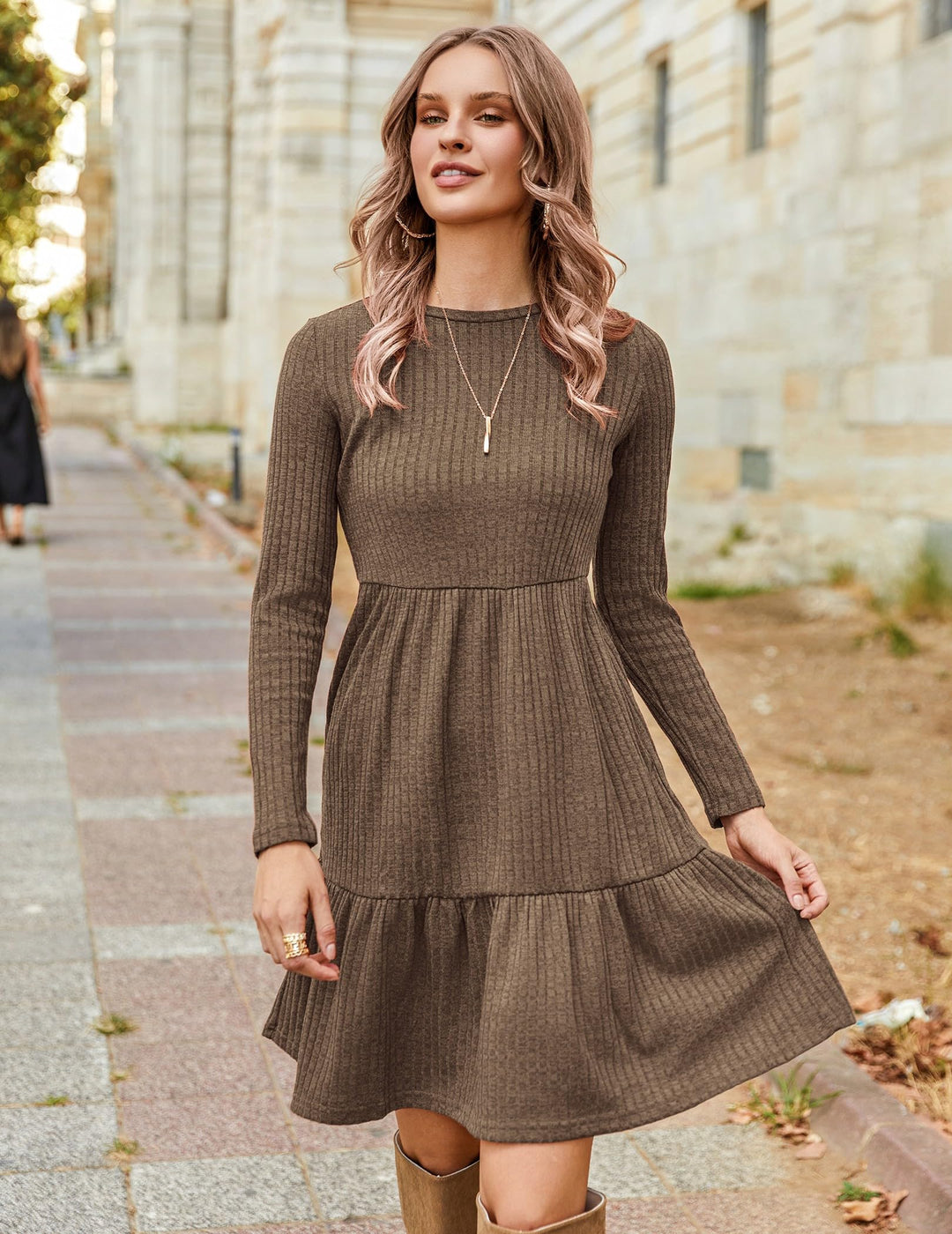 Lakelyn Vestito Donna Autunno – Maniche Lunghe, Collo Tondo & Tasche con Linea A Elegante