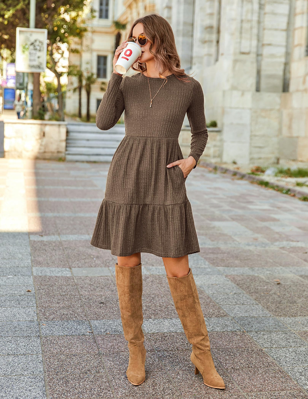 Lakelyn Vestito Donna Autunno – Maniche Lunghe, Collo Tondo & Tasche con Linea A Elegante