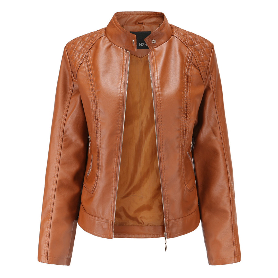 Carla Giacca Biker Donna Cropped – Bunda z ekologické kůže s vysokým límcem a prošívanými detaily
