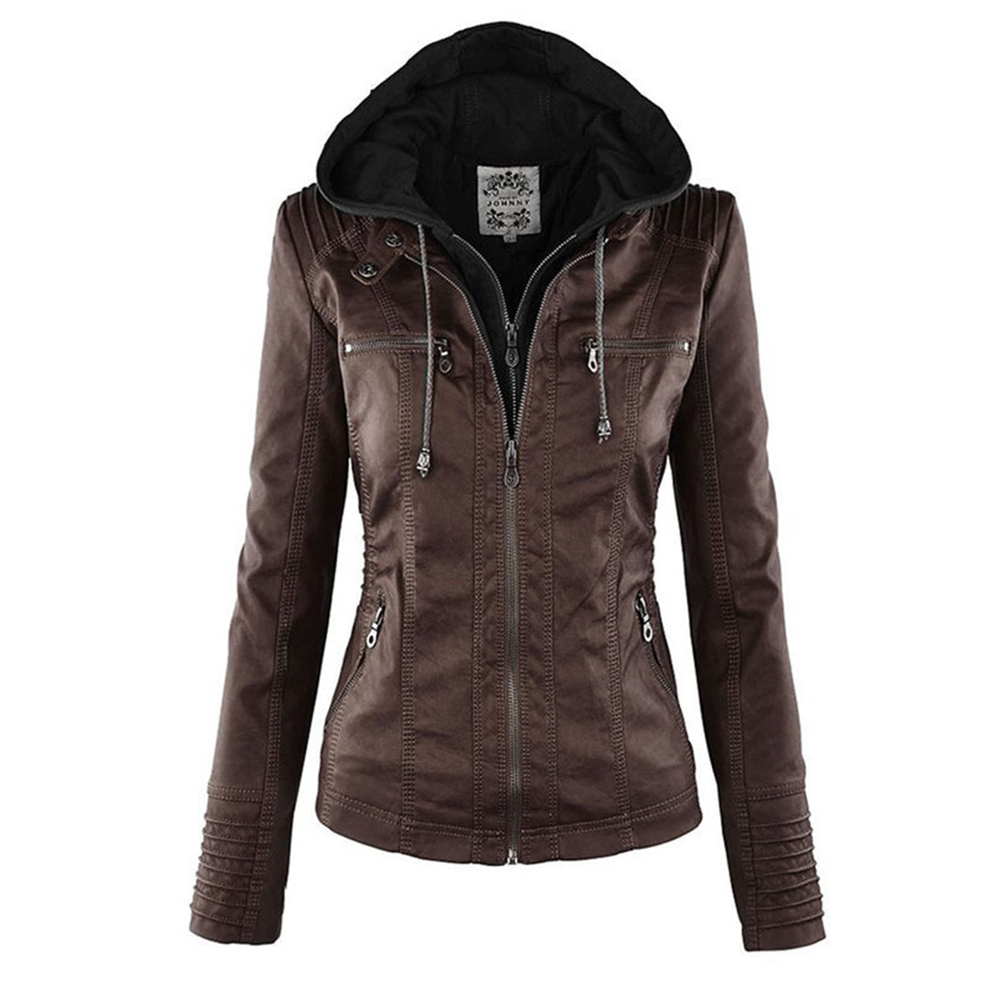 Lässige Lederjacke mit Kapuze und Reißverschluss für Damen | Lange Ärmel