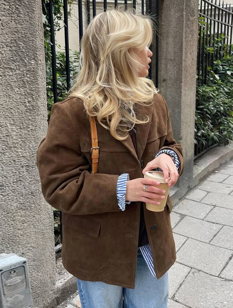 Giacca In Pelle Scamosciata Vintage Casual Per Donna | Con Tasche