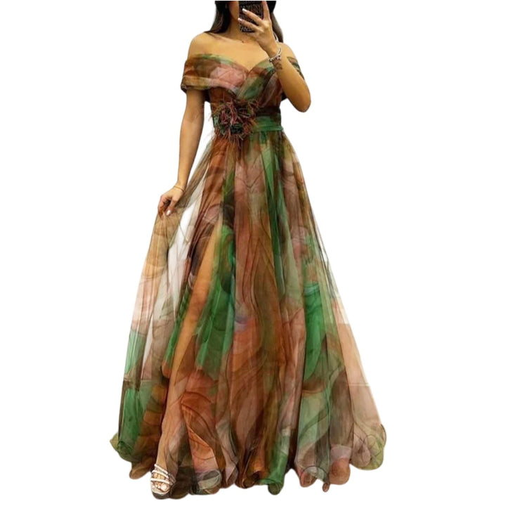 Evania Abito Elegante Donna – Spalle Scoperte, Tulle A-Line & Spacco Maxi da Sera