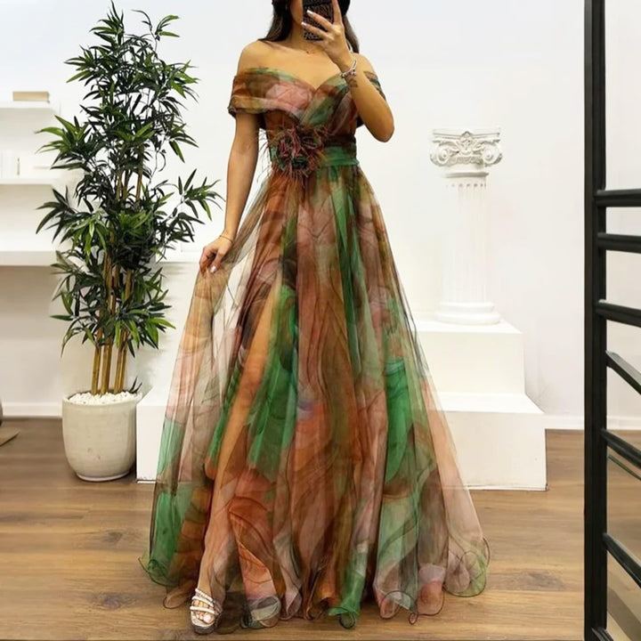 Evania Abito Elegante Donna – Spalle Scoperte, Tulle A-Line & Spacco Maxi da Sera