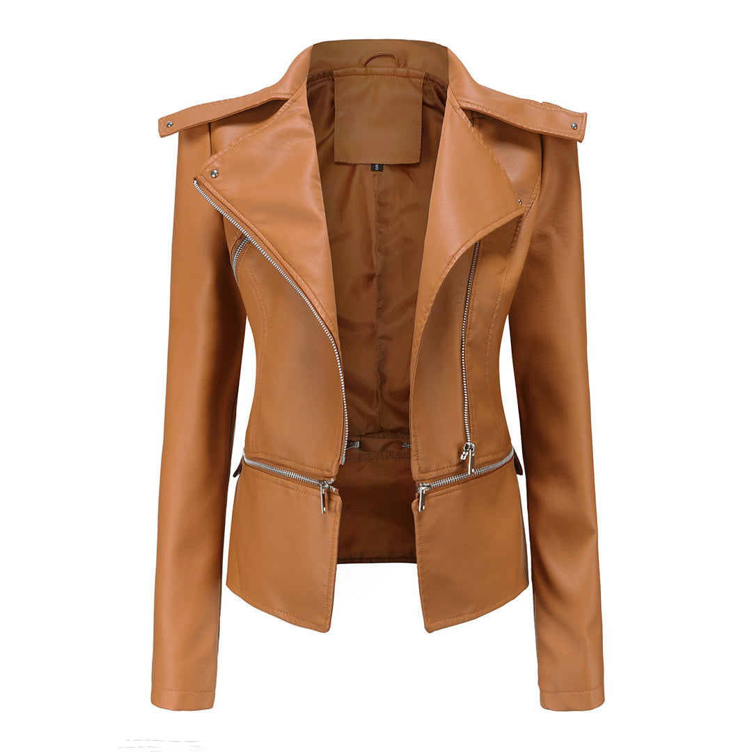 Giacca In Pelle Alla Moda A Maniche Lunghe Per Donna | Dettaglio Zip